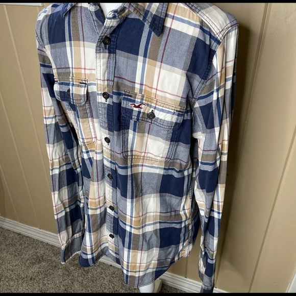 Hollister Blue Cream Plaid Flannel Button Down Long Sleeve Shirt Size Medium - Picture 2 of 3